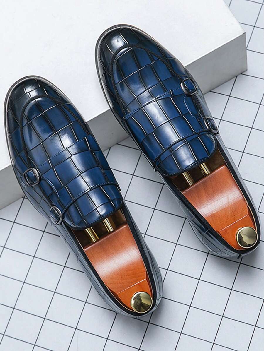 Business Dress Shoes For Men, Crocodile Embossed Monk Shoes - Blue - View 1