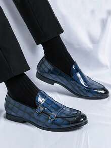 Business Dress Shoes For Men, Crocodile Embossed Monk Shoes - Blue - View 2
