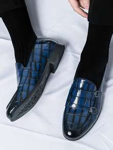 Business Dress Shoes For Men, Crocodile Embossed Monk Shoes - Blue - View 3
