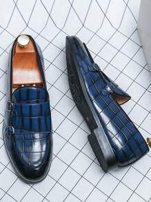 Business Dress Shoes For Men, Crocodile Embossed Monk Shoes - Blue - View 4