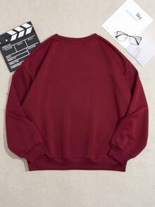 SHEIN EZwear Bản đồ Thân nhiệt In Thả vai Áo nỉ - Màu Đỏ Sâu - Xem 2