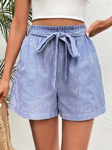 SHEIN Frenchy 條紋印花紙袋腰附腰帶短褲 - 藍白色 - 查看 1
