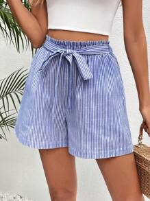 SHEIN Frenchy 條紋印花紙袋腰附腰帶短褲 - 藍白色 - 查看 2