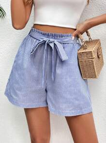 SHEIN Frenchy 條紋印花紙袋腰附腰帶短褲 - 藍白色 - 查看 4