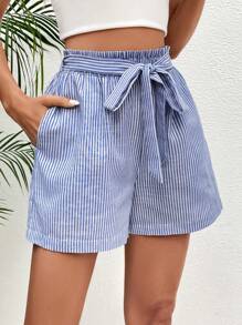 SHEIN Frenchy 條紋印花紙袋腰附腰帶短褲 - 藍白色 - 查看 5