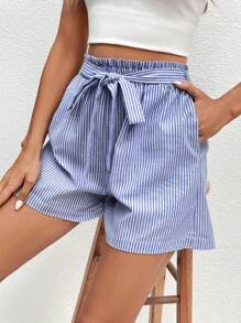 SHEIN Frenchy 條紋印花紙袋腰附腰帶短褲 - 藍白色 - 查看 6