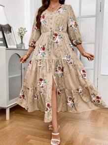 SHEIN LUNE 大碼印花燈籠袖荷葉邊連衣裙 - 杏色 - 查看 1