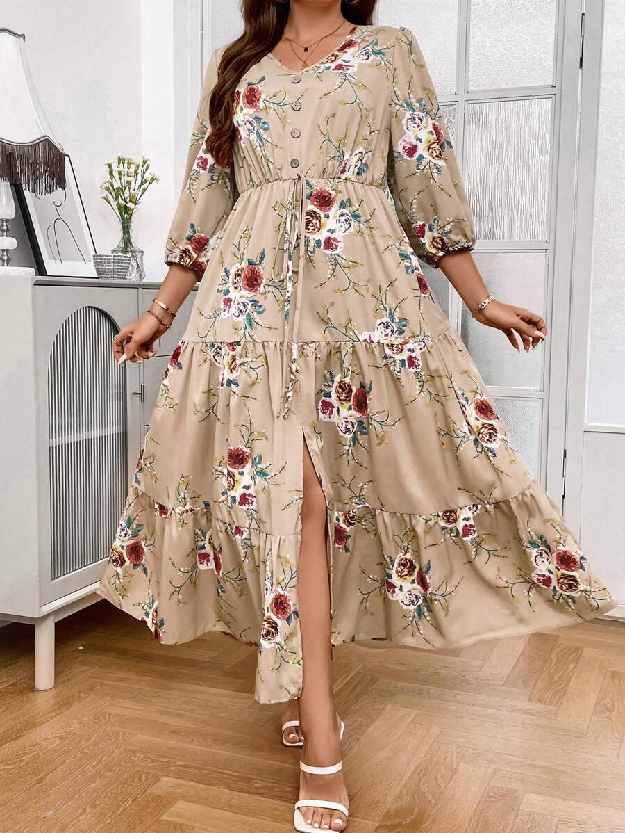 SHEIN LUNE 大碼印花燈籠袖荷葉邊連衣裙 - 杏色 - 查看 1