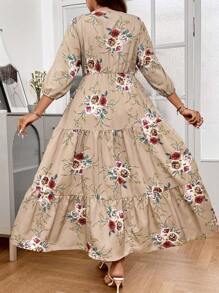 SHEIN LUNE 大碼印花燈籠袖荷葉邊連衣裙 - 杏色 - 查看 2