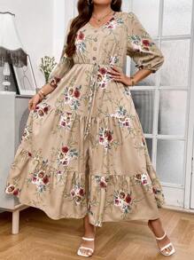 SHEIN LUNE 大碼印花燈籠袖荷葉邊連衣裙 - 杏色 - 查看 3