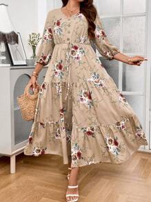 SHEIN LUNE 大碼印花燈籠袖荷葉邊連衣裙 - 杏色 - 查看 4