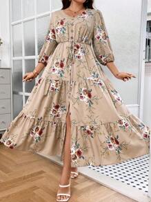 SHEIN LUNE 大碼印花燈籠袖荷葉邊連衣裙 - 杏色 - 查看 5