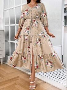 SHEIN LUNE 大碼印花燈籠袖荷葉邊連衣裙 - 杏色 - 查看 6