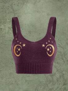 ROMWE Hippie Moon & Star Embroidery Cami Knit Top - Purple - View 1