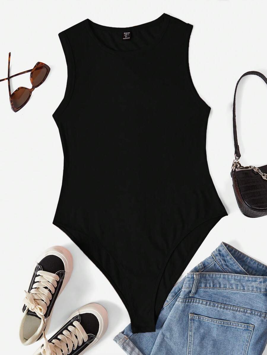 SHEIN EZwear Plus Solid Tank Bodysuit - Black - View 1