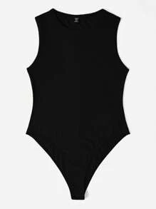 SHEIN EZwear Plus Solid Tank Bodysuit - Black - View 4