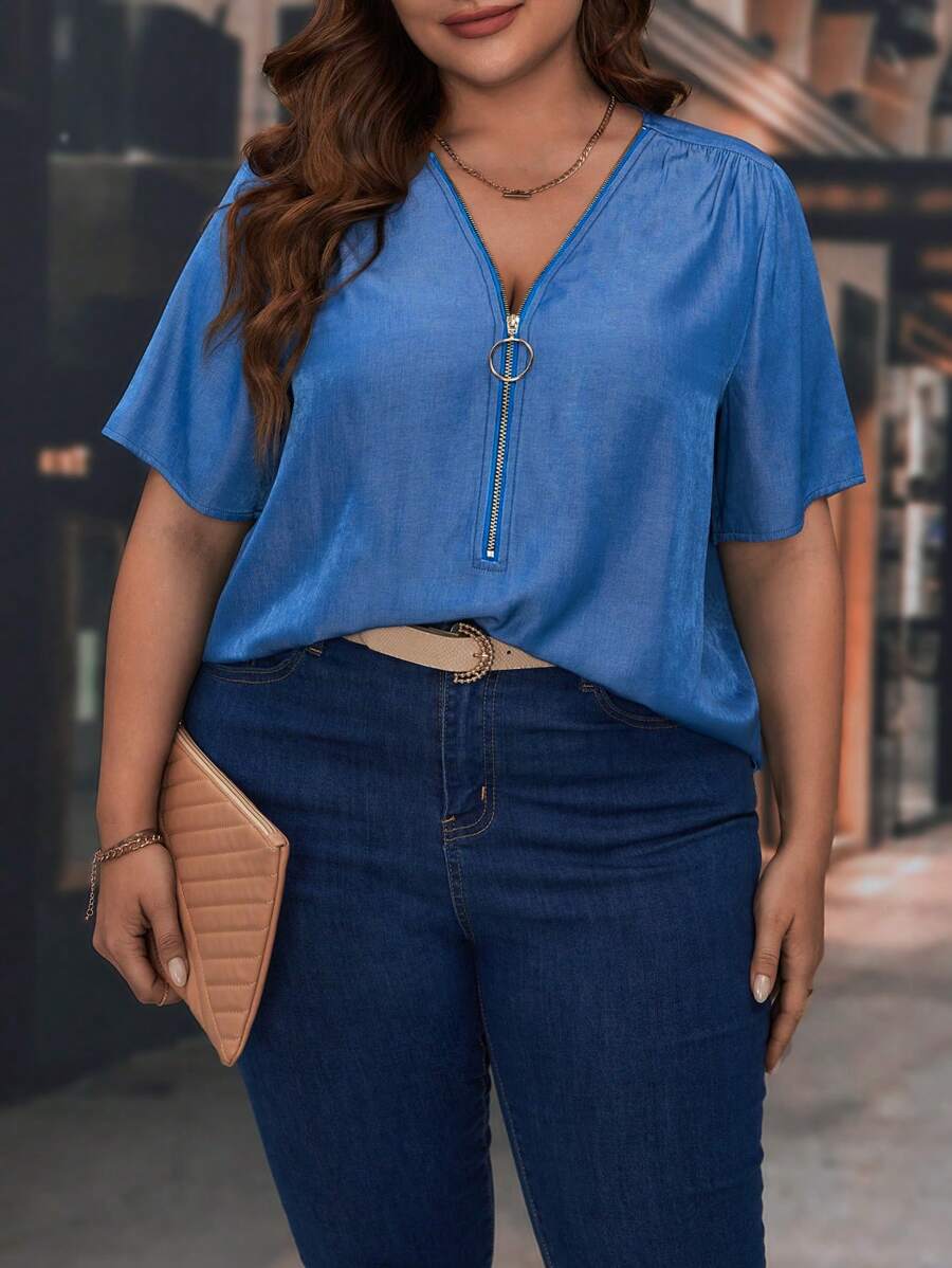 SHEIN LUNE 大碼拉鏈開襟襯衫 - 藍色 - 查看 1