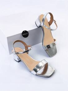 NỮ Phù hợp rộng rãi Kim loại Gót thô Dép Quai Quai Mắt Cá Chân , Duyên dáng Dép xăng đan - Bạc - Xem 1