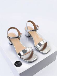 NỮ Phù hợp rộng rãi Kim loại Gót thô Dép Quai Quai Mắt Cá Chân , Duyên dáng Dép xăng đan - Bạc - Xem 2