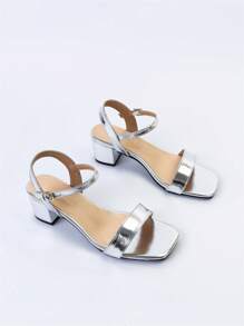 NỮ Phù hợp rộng rãi Kim loại Gót thô Dép Quai Quai Mắt Cá Chân , Duyên dáng Dép xăng đan - Bạc - Xem 3