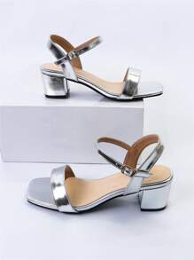 NỮ Phù hợp rộng rãi Kim loại Gót thô Dép Quai Quai Mắt Cá Chân , Duyên dáng Dép xăng đan - Bạc - Xem 6