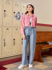 SHEIN 青少年女孩撞色毛邊緣直筒牛仔褲 - 淺色水洗藍 - 查看 5