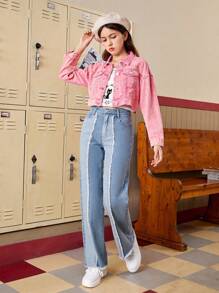 SHEIN 青少年女孩撞色毛邊緣直筒牛仔褲 - 淺色水洗藍 - 查看 6