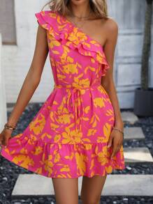 Breezaya Floral Print One Shoulder Ruffle Trim Dress - Multicolor - View 1