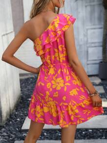 Breezaya Floral Print One Shoulder Ruffle Trim Dress - Multicolor - View 2