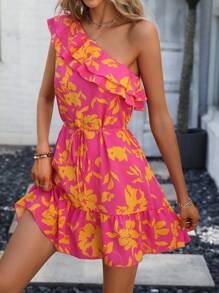 Breezaya Floral Print One Shoulder Ruffle Trim Dress - Multicolor - View 4