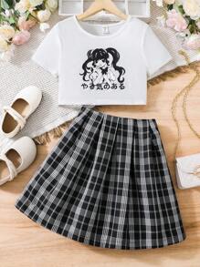 SHEIN Tween Girl Figure Graphic Tee & Plaid Print Skirt - Black and White - View 1