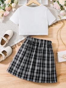 SHEIN Tween Girl Figure Graphic Tee & Plaid Print Skirt - Black and White - View 2