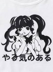 SHEIN Tween Girl Figure Graphic Tee & Plaid Print Skirt - Black and White - View 3