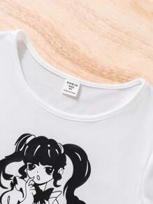 SHEIN Tween Girl Figure Graphic Tee & Plaid Print Skirt - Black and White - View 4