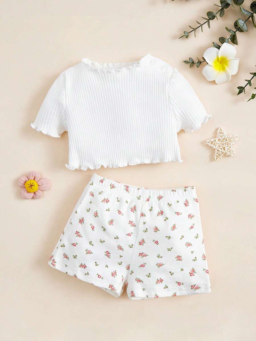 SHEIN Sơ sinh Em bé Cô gái , Lấy cảm hứng từ kỳ nghỉ , Thoải mái , Đúng mốt , Linh hoạt , Dễ thương Và Mềm mại Mùa hè Trắng In Áo & Màu hồng Hoa Lỏng lẻo Bộ quần short - Nhiều màu - Xem 1