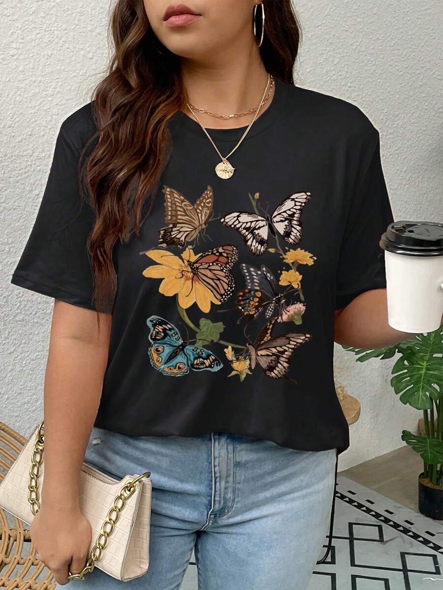 SHEIN LUNE Hơn In bướm Áo thun - màu đen - Xem 1