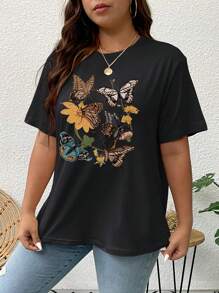 SHEIN LUNE Hơn In bướm Áo thun - màu đen - Xem 4