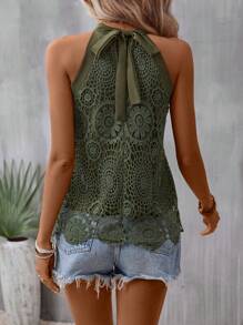 Breezaya Guipure Lace Insert Halter Neck Blouse - Army Green - View 2
