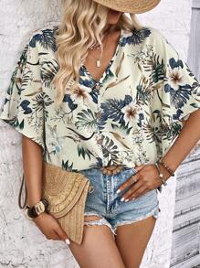 SHEIN LUNE Tropical Print Batwing Sleeve Blouse
