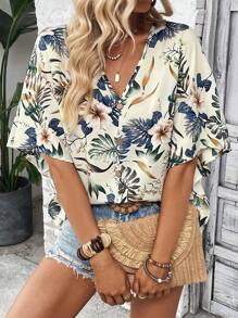 SHEIN LUNE Tropical Print Batwing Sleeve Blouse
