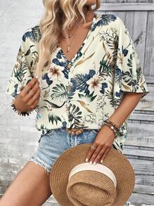 SHEIN LUNE Tropical Print Batwing Sleeve Blouse