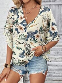 SHEIN LUNE Tropical Print Batwing Sleeve Blouse