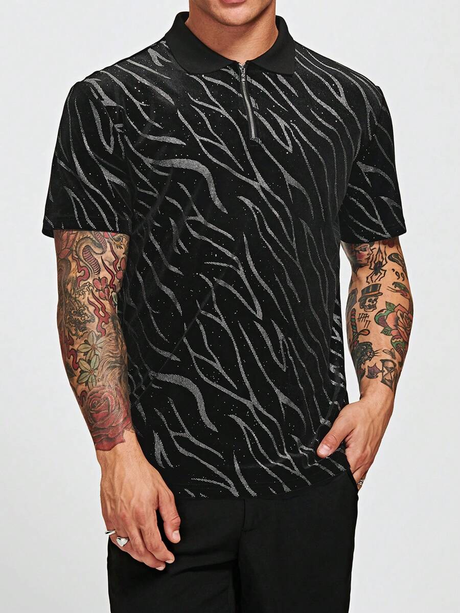 Manfinity Homme Áo thun có cổ Nam Dây kéo Sọc ngựa vằn Giải trí - màu đen - Xem 1