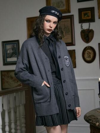Academia Badge Patched Dual Pocket Drop Shoulder Cardigan