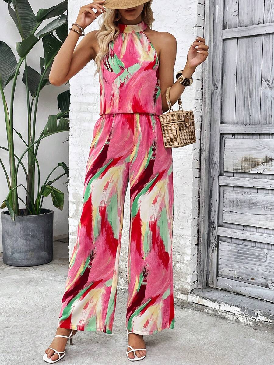 SHEIN VCAY Allover Print Halter Top & Wide Leg Trousers - Pink - View 1
