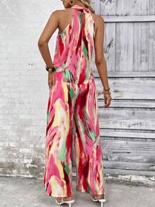 SHEIN VCAY Allover Print Halter Top & Wide Leg Trousers - Pink - View 2