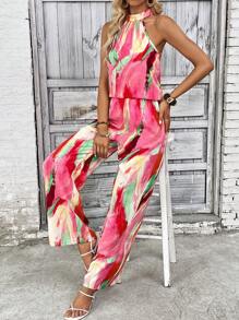SHEIN VCAY Allover Print Halter Top & Wide Leg Trousers - Pink - View 3