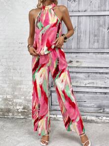 SHEIN VCAY Allover Print Halter Top & Wide Leg Trousers - Pink - View 4