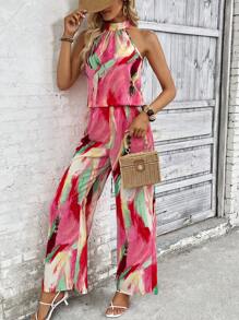 SHEIN VCAY Allover Print Halter Top & Wide Leg Trousers - Pink - View 5