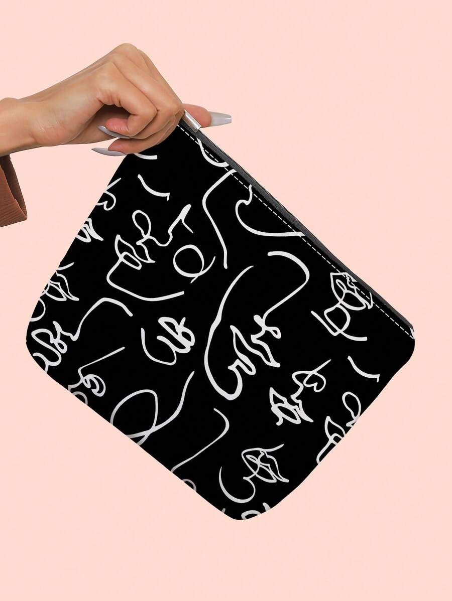 1pc Abstract Figure Print Cosmetic Bag - Black and White - View 1